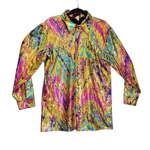 Charades Disco Bright Neon Party Metallic Poly Blend Button Down Gold DressShirt - Picture 1 of 8