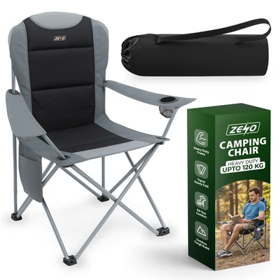 DELUXE FOLDING PADDED CAMPING CHAIR WITH CUP HOLDER & SIDE POCKETS HOLDS 120KG - Image 1 of 4