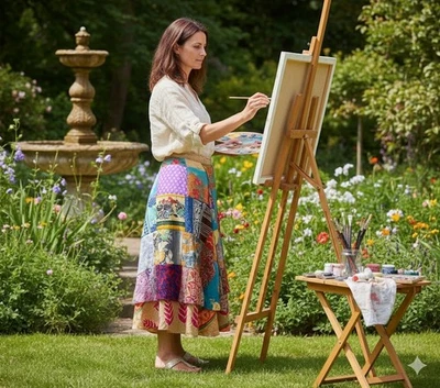 Falda envolvente de seda hecha a mano vintage, falda de verano bohemia con estampado de hojas magenta L-36" Foto 1 de 4