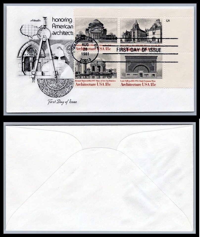 US FDC # 1928-1931 18c Architecture  Artmaster Plate Block 5 UR 1981, 9Q1048 - Image 1 of 1