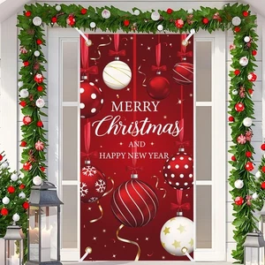 Christmas Door Cover Merry Christmas Fabric Front Door Banner Xmas Ball Backdrop - Picture 1 of 7