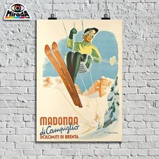 POSTER VINTAGE MADONNA DI CAMPIGLIO DOLOMITI BRENTA INVERNO SCI NEVE MONTI RELAX