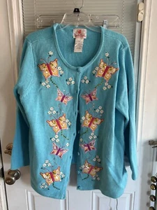 Quacker Factory Sweater Cardi Butterfly Sequin Beaded Cottage No Lights Sz 1X - Picture 1 of 7