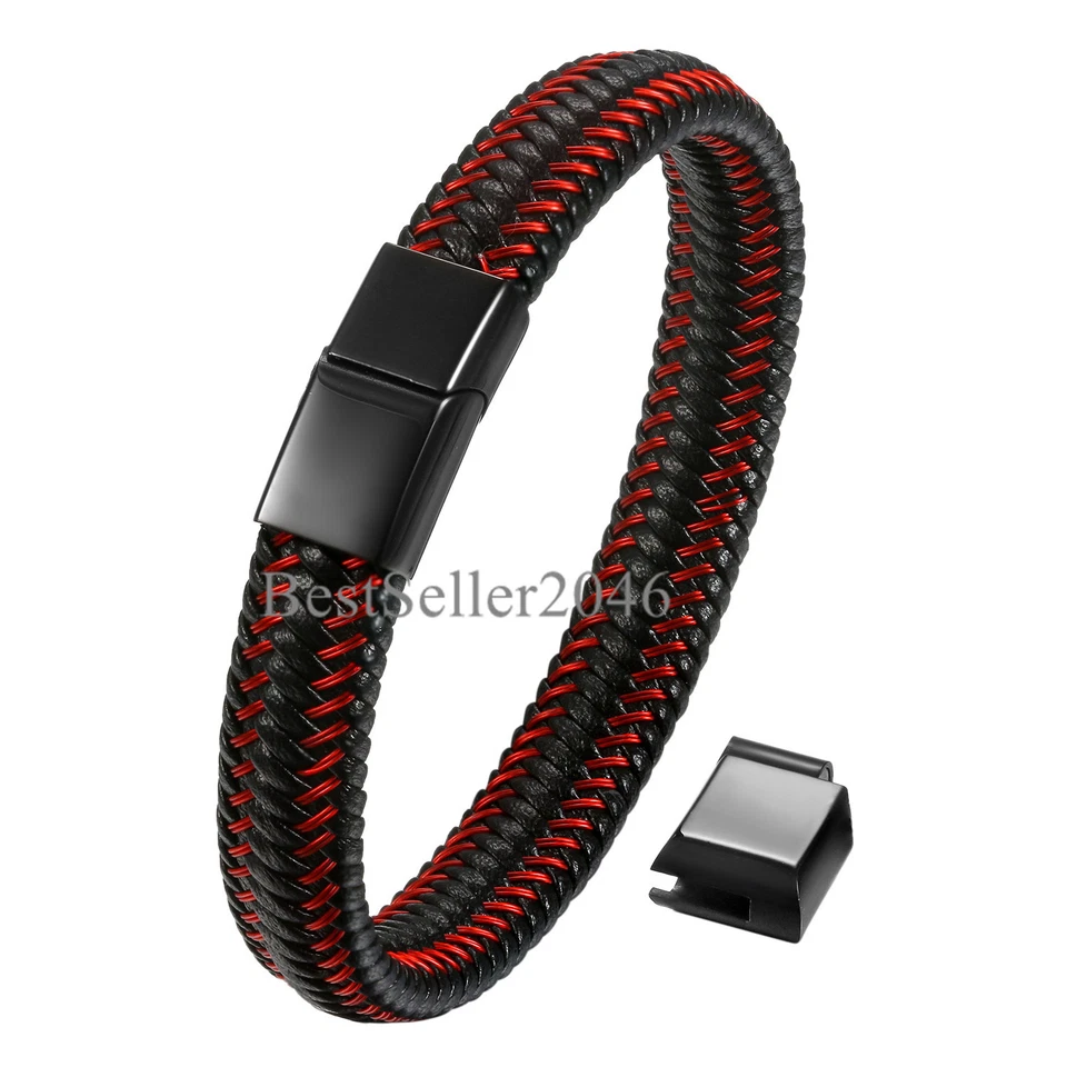 Pulsera ajustable de cuero trenzado de acero inoxidable con cierre magnético de cuero negro rojo para hombre Foto 1 de 4