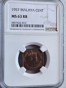 Malaya 1 Cent 1957 NGC MS 63 RB - Picture 1 of 2