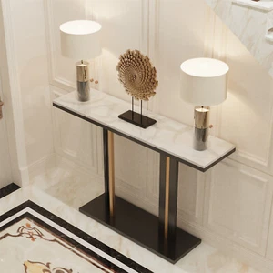 Sophisticated Glossy Marble Console Table Behind Sofa Display Stand Black Gold - Picture 1 of 29