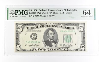 PMG 64 Choice Unc 1950 $5 Philadelphia, PA US FRN Green Seal Fr#1961-CWii *1025 - Image 1 of 3