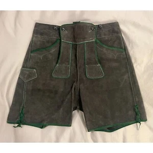 Authentic Vintage Lederhosen Oktoberfest Men Suede Leather Green Shorts 42 - Picture 1 of 11