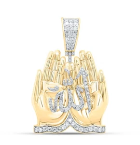 0.87 Cttw Round Diamond Praying Hands Allah Muslim Pendant Charm 10k Yellow Gold - Picture 1 of 2
