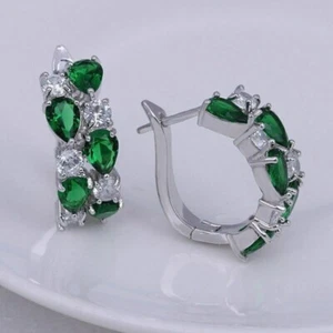 Pear Cut Simulated Green Emerald Huggie Hoop Earrings In 14k White Gold Plated - Picture 1 of 4