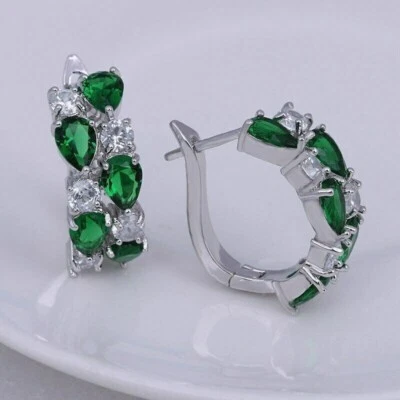 Pear Cut Simulated Green Emerald Huggie Hoop Earrings In 14k White Gold Plated - Image 1 of 4