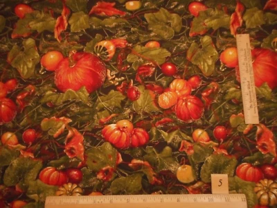 Autumn Fabric 1 Yard Pumpkins Gourd Leaves Metallic Gold Black Moda Cotton Vtg - Image 1 of 2