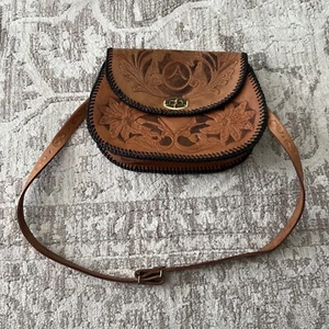 Vintage Handmade Light Brown Tooled Leather Saddle Style Handbag Purse Floral - Picture 1 of 12