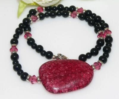 Einzelstück Halskette großer Eyecatcher Krakelee 32x45mm bordeaux schwarz 222b - Bild 1 von 4