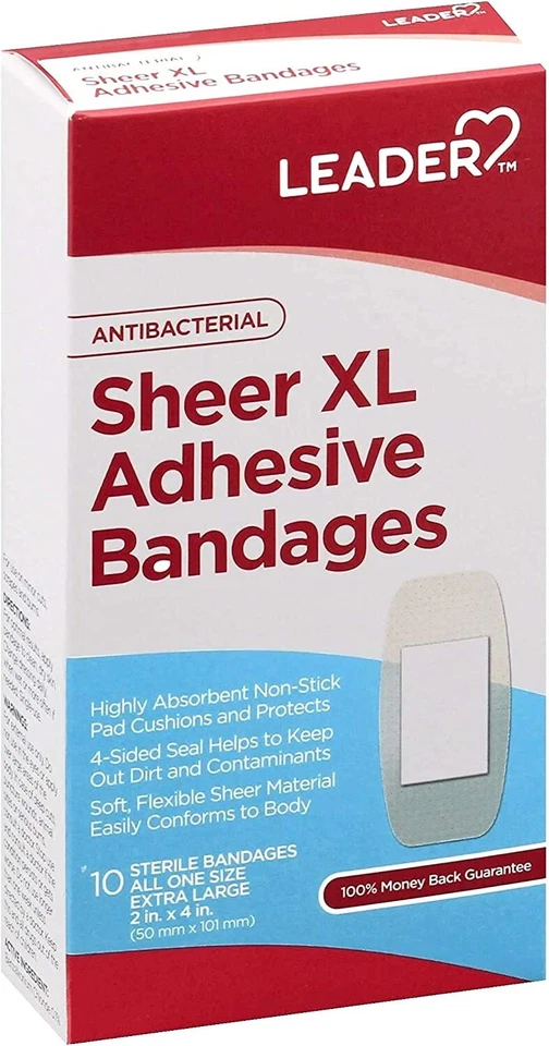Leader Adhesive Bandages Sheer Antibacterial X-large 10ct 096295123951yn