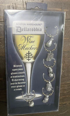 Boston Warehouse Dellarobbia Set/6 Marcadores de Vino Plata Metal Frutas Nuevo en Paquete Foto 1 de 4