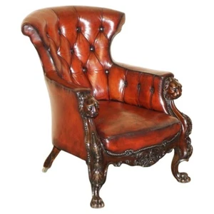 EXQUISITE ANTIQUE CIR 1840 HAND CARVED LIONS HEAD CHESTERFIELD LIBRARY ARMCHAIR - Picture 1 of 24