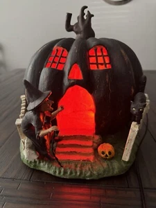 Bethany Lowe Designs Carved Pumpkin House With Witch and Black Cat - Picture 1 of 24