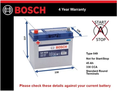Battery fits TOYOTA RAV4 1.8 2.0 94 to 05 Bosch 049 330A 45Ah 4Yr Warranty New - Image 1 of 4