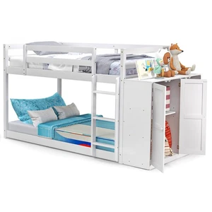 Twin Over Twin Bunk Bed Wood Frame Storage Shelves Ladder Guardrails White - Picture 1 of 10