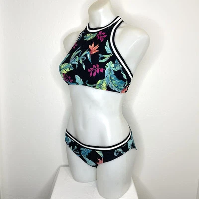 Conjunto de traje de baño bikini Seafolly Jungle Out There para mujer 8 negro floral blanco a rayas Foto 1 de 4