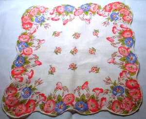 Vintage Ladies Handkerchief/Hankie - Trumpet Flowers - Scalloped Edges   (473n) - Picture 1 of 3