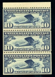 US Stamp #C10a Lindbergh Airmail 10c, Booklet Pane of 3 - MLH - CV $70.00 - Picture 1 of 2