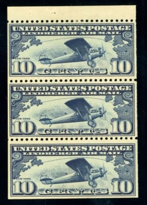 US Stamp #C10a Lindbergh Airmail 10c, Booklet Pane of 3 - MLH - CV $70.00 - Image 1 of 2
