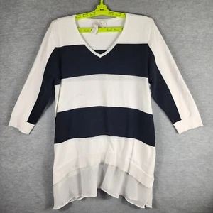 Chicos Zenergy 2 Striped Tunic Sweater Large Black & White Sheer Hem - Picture 1 of 20