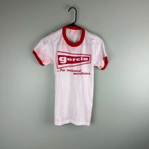 Vintage White Basic Ringer Shirt Size Small "Garcia" Single Stitch Tee USA Tech - Picture 1 of 8