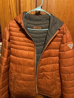 Guess Reversible Puffer Jacket Men L Orange Gray Winter Coat Parka Hood Zip Up - Image 1 of 4