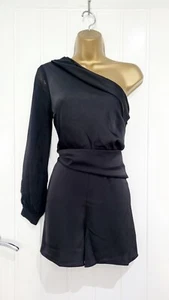 RIVER ISLAND MINI Playsuit One Shoulder Black Satin Party Size 10 petite NEW - Picture 1 of 5