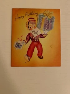 Vintage Happy Birthday Karte Junge mit Geschenk und Blumen Doehla Fine Arts Karte - Bild 1 von 9