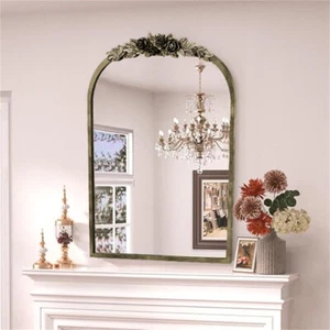 Metal Floral Wall Mirror Antique Vintage Style Arched Brass Wall Mirror 24x36in - Picture 1 of 17