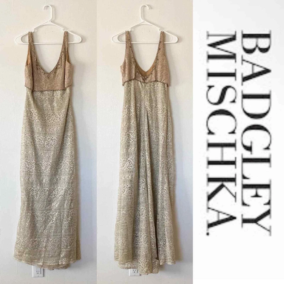 Vintage 1990’s Badgley Mischka Beaded Lace Maxi Formal Gown - Image 1 of 4