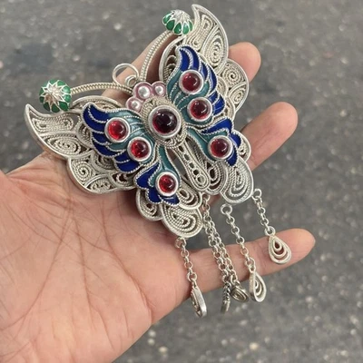 Colgante Mariposa Cloisonné Vintage Hecho a Mano Plateado Cobre Amuleto Foto 1 de 4
