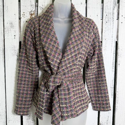 Cárdigan Chaqueta a Cuadros Mezcla Lana Frente Abierto Cinturón Talla Mediana Preppy Elegante Elegante Foto 1 de 4