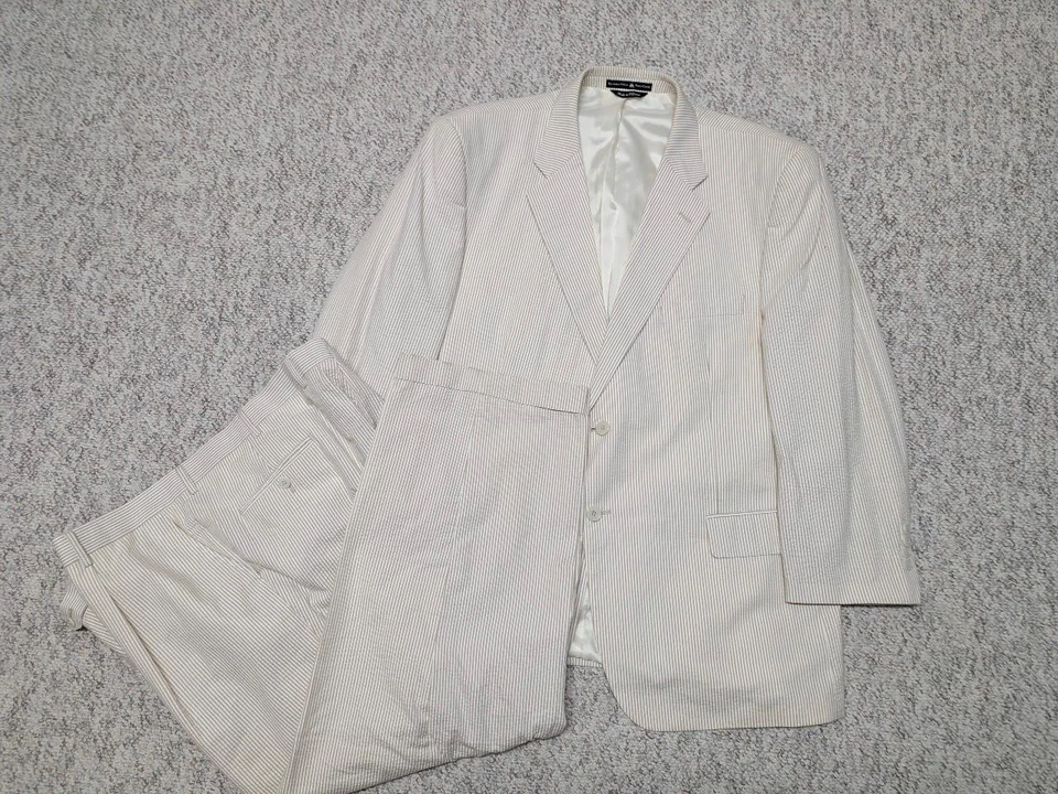 vintage SEERSUCKER tan white 2PC SUIT striped 46R 42x30 ivy league PREPPY polo - Image 1 of 4