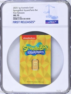2025 SPONGEBOB SQUAREPANTS 1g .9999 Gold Perth Mint Minted Bar NGC MS 70 FR - Image 1 of 4