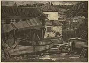 Bernard Schlitten (1872-1954) signiert Holzschnitt Mevagissey Bootshaus Cornwall 1936 - Bild 1 von 5