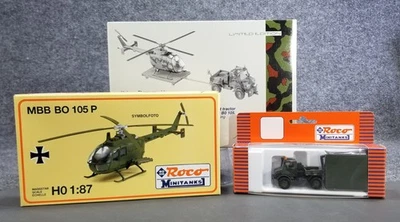 Roco Minitanks HO 837 MB UNIMOG AIRCRAFT TRACTOR  W/HELICOPTER SET 1:87 IOB - Image 1 of 4