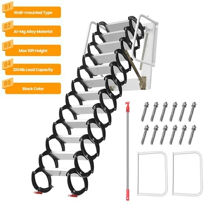 2204 Lbs Attic Loft Pull Down Ladder 12 Steps Wall-Mounted Folding Ladder Stairs - Image 1 of 4