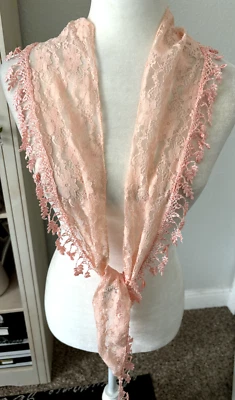 SIMPLY NOELLE Light Apricot Pink Lightweight LACE Embroidered Fringe SCARF 7X76 - Image 1 of 4