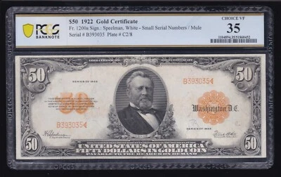 US 1922 $50 Gold Certificate Tehee/Burke FR 1200a PCGS 35 Ch VF (035) - Image 1 of 2