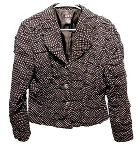 MSK ♈Woman's Sheer lined Gathered button up Jacket size M~Black/white Dots - Picture 1 of 3