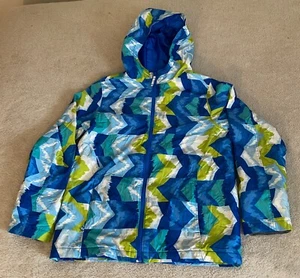 Lands' End Sapphire Geo Colorful Hooded Jacket Coat Girls Youth L 14-16 Blue - Picture 1 of 18