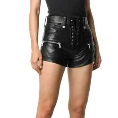 Shorts de couro feminino genuíno casual elegante designer coquetel roupa de festa feito à mão - Imagem 1 de 4