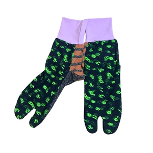 Tabi Socks Split  Two Toe in White green flower and black velour stripe handmade - Picture 1 of 11