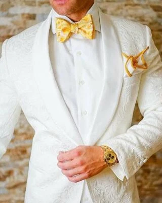 Hombres Blanco Paisley Floral Esmoquin Baile de graduación Traje de boda Novio Fiesta Traje Blazer Personalizado Foto 1 de 4