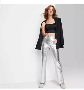 Wild Fable Women's 6 Metallic Silver High Rise Faux Leather Flare Leg Pants NWT - Picture 1 of 9
